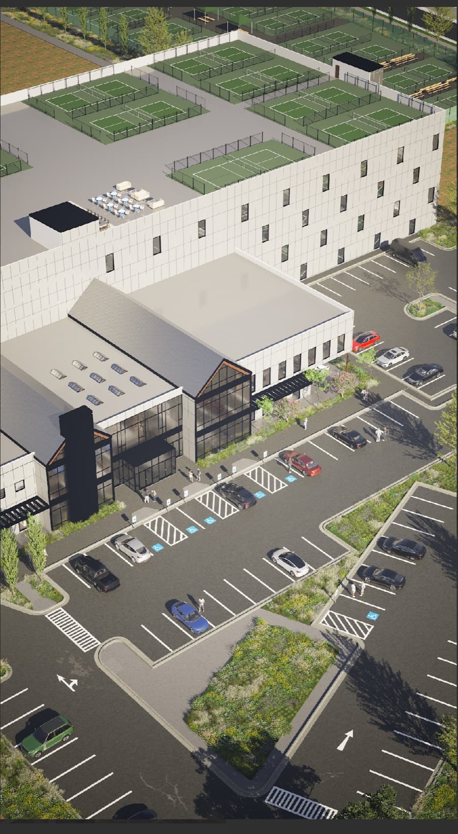 Aerial rendering of the rooftop courts